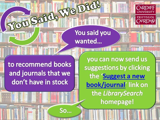 You said you wanted to recommend books and journals that we didn't have in stock.  You can now send your suggestions by clicking on the 'Suggest a new book/jounral' link on the LibrarySearch homepage!